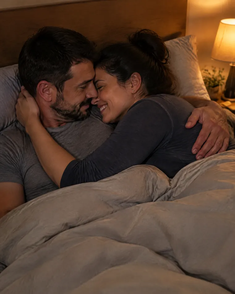 Marido e esposa abraçados e sorrindo na cama